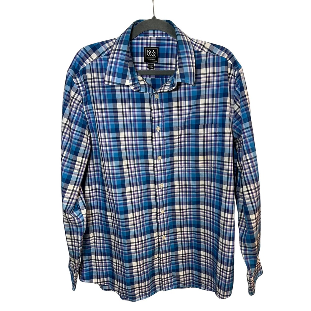 Jos. A. Bank Traveler Tailored Fit Button Down Shirt Plaid Blue Purple Mens L